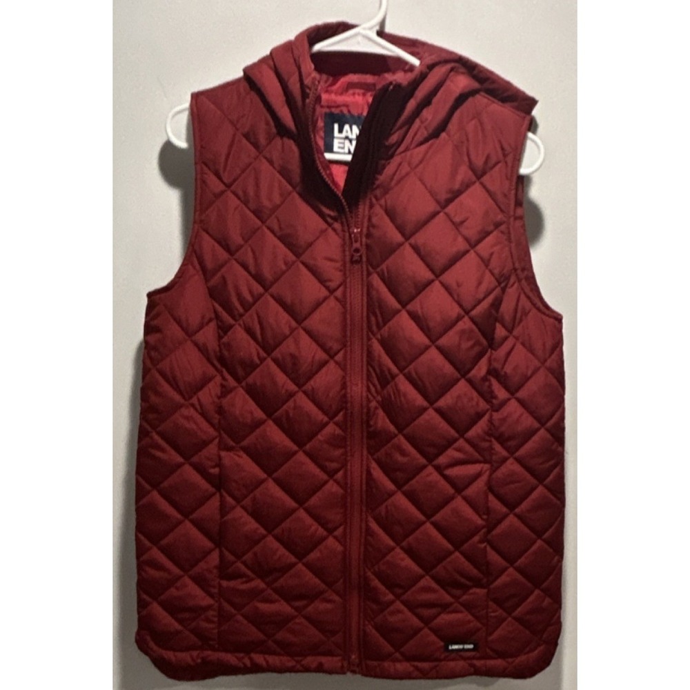 Lands'‎ End Red Quilted Hooded Full Zip Vest Women's Size S